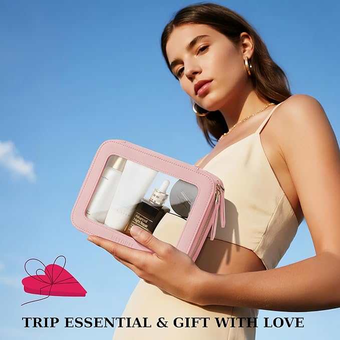 Clear Makeup Bag, Travel Toiletry Bag Cosmetic Case for Women, Waterproof Portable Make Up Skincare Pouch with Zipper, Compact Car Organizer Bag for Essentials, Medium Size, Pink