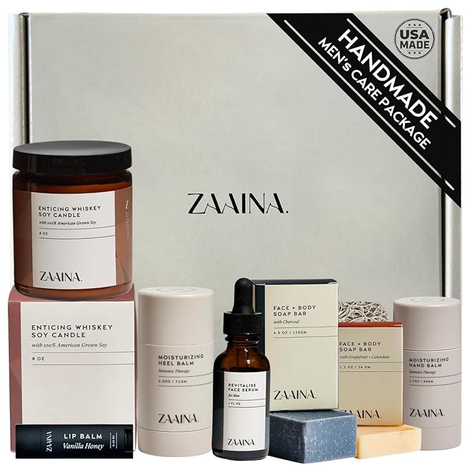 ZAAINA Men’s Self Care Package, Relaxation Spa Gift Set for Him - Luxury Natural Handmade Grooming Kit for Husband Dad Friend, Birthday & Christmas Gifts for Men (Premium Set with Whiskey Candle)
