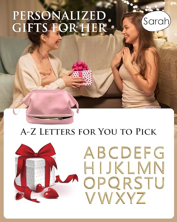 Travel Essentials for Friends Female Mom, Personalized Makeup Bag, Double Layer Cosmetic Bag with Makeup Brush Organizer, Waterproof, Large Capacity PU Leather Toiletry Bag Customized Gifts