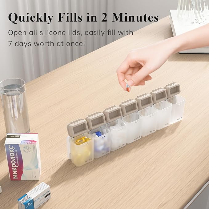 Weekly Pill Organizer Magnetic, Removable Pill Box 7 Day 1 Time a Day, Large Pill Case Travel, Week Once Daily Medication Dispenser, Medicine Container Holder for Supplement Vitamin, Brown