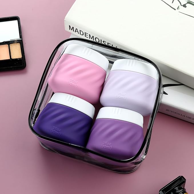 Gemice Silicone Cream Jars TSA Approved Travel Size Containers with Clear Bag, Leak-proof Travel Accessories with Lid for Cosmetic Face Body Hand Cream (4 Pack)