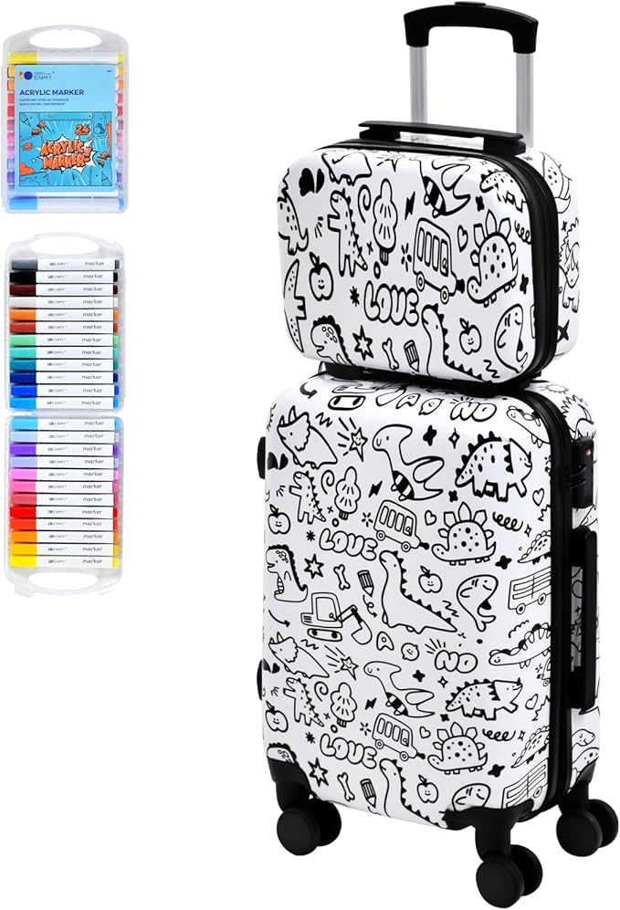 smilesun 2PCS Kids Luggage Set with DIY Coloring, 14" & 20" Lightweight Travel Carry On Suitcase with Spinner Wheels, TSA Lock