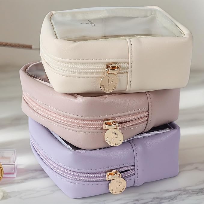 Pocmimut Mini Makeup Bag with Small Cosmetic Bag Travel Essentials Organizers,TSA Approved Toiletry Bag Makeup Pouch Clear Cosmetic Bags for Women,Beige