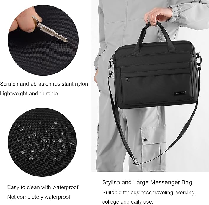 natyrlpog Laptop Bag 15.6 Inch Briefcase for Men Women Waterproof Nylon Lightweight, Shoulder Computer Messenger Handbag for Business Office Work Travel College Black