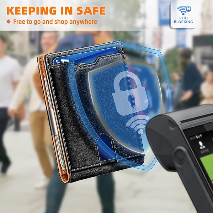 Genuine Leather Wallet for Men, Slim Bifold RFID Blocking with Zipper Coin Pocket, Minimalist Design for Travel and Daily Use (Carbon Fiber Black)