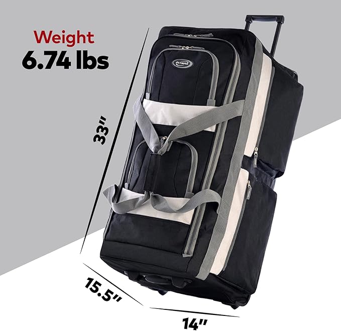 Olympia U.S.A. 33 inch Jumbo Size 8 Pockets Wheeled Rolling Duffel Bag Water Resistant Luggage Lightweight Travel Suitcase with Retractable Handle