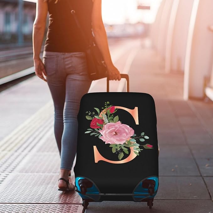 Floral Letter S Travel Luggage Cover Spandex Suitcase Protector Elastic Washable Stretch Suitcase Cover,Size XL(Fit 29-32inch Suitcase)