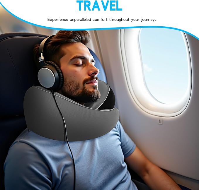 Adjustable Memory Foam Grey U-Shaped Travel Pillow with Luxurious Knitted Cotton Cover, Slow-Rebound Design for Airplane Travel and Neck Comfort, Perfect Traveler Gift