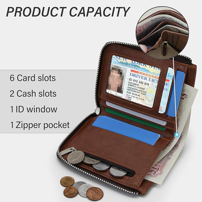 Minimalist Real Leather Wallet for Men with Zipper Card Holder and ID Window RFID Blocking Bifold Wallet (Brown)