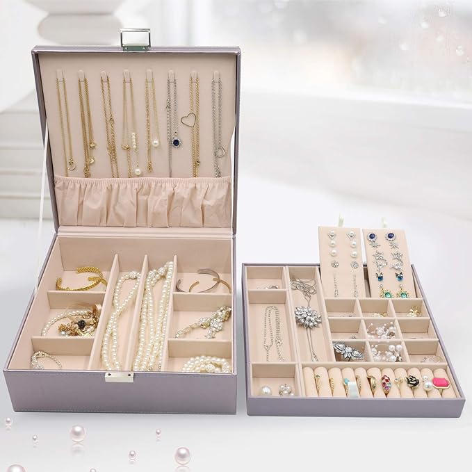 ProCase Jewelry Box for Women, 2 Layers Large Leather Jewelry Organizer Storage Case with Removable Pad for Earrings -Pearlizedsilver
