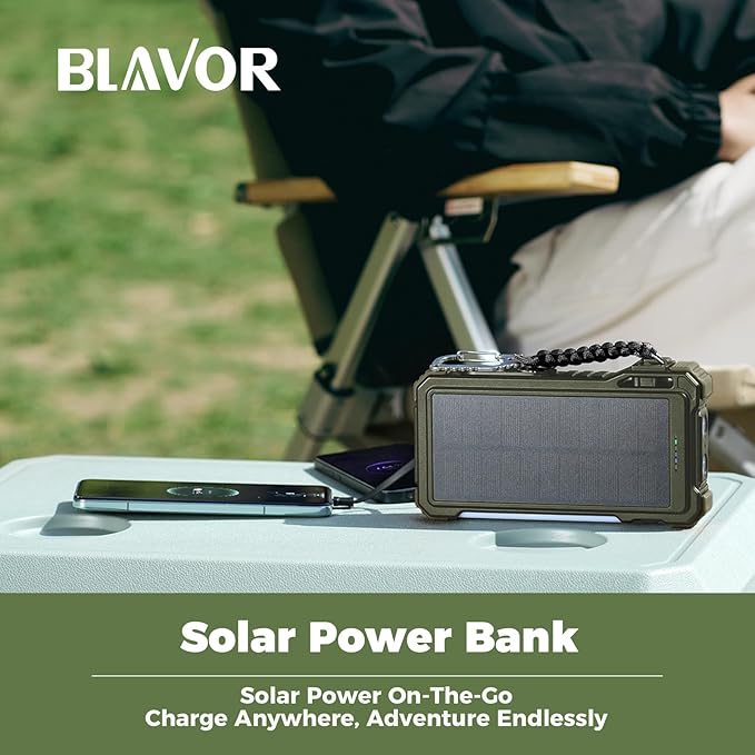 BLAVOR Solar Power Bank 20000mAh Built-in Cables, Wireless Charger for Apple Watch, 20W Fast Charging Battery Pack with USB C, Flashlight, Solar Charger for iPhone, iPad, iWatch, Samsung