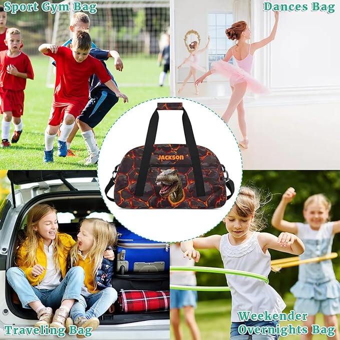 Personalized Duffel Bag for Kids Girls Boys, Scary Dinosaur Custom Name Gym Bag Overnight with Padded Handles Carry On Weekend Sports Travel Bag for School Practice Gymnastics Ballet