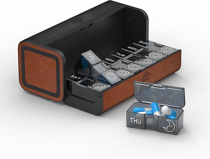 Pill Organizer Weekly, 2 Times a Day for 7-Day Leather Medicine Box Travel Container Vitamin Am Pm Pill Case, Twice Daily Privacy Pill Holder, Modern and Portable Pillbox (Black and Brown)