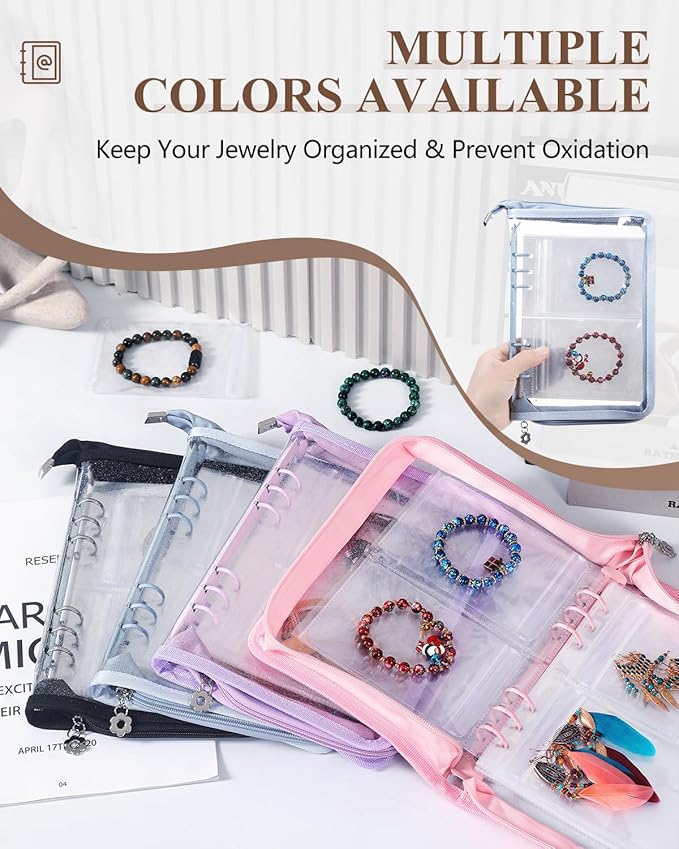AOLEIXIYA Jewelry Organizer Book Clear Travel earring book organizer Transparent Jewelry Book with Zipper Pouch Bags (Light blue,With 48 PCS Large Jewelry Bags)