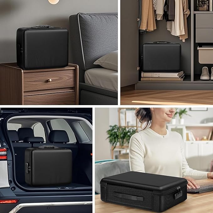 File Organizer, Hard Case Fireproof Document Box with Lock, Hard-Shell Important Document Organizer Safe Box Fireproof Waterproof, Home Office Supplies Storage and Organization (Black)