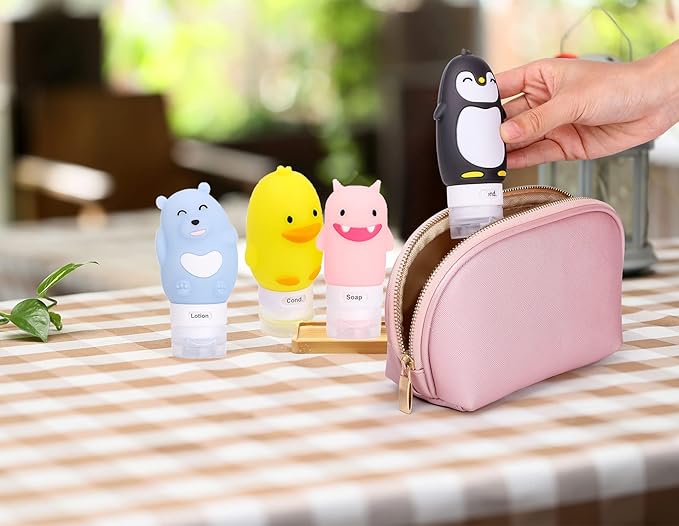 Cute Silicone Travel Size Bottles Set for Toiletries, BPA Free, Leak Proof Squeezable Travel Containers With Built-in Labels, TSA Approved Refillable Travel Essentials Accessories (4pcs)