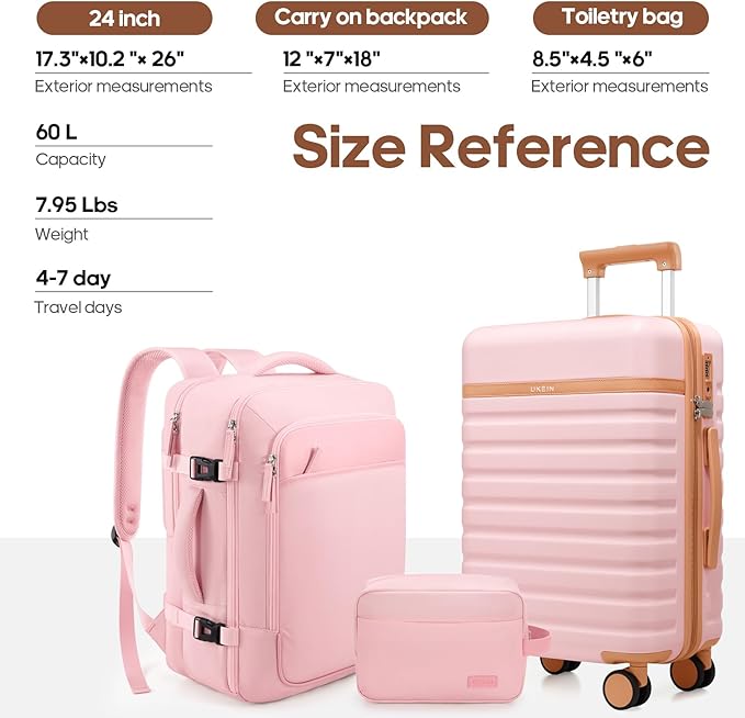 UKEIN Luggage Sets 3 Piece, PC Hardside Carry On Luggage 24 Inch With Spinner Wheels with TSA Lock, Large Suitcase Set With Travel Backpack (Pink, 3 piece set (24inch))