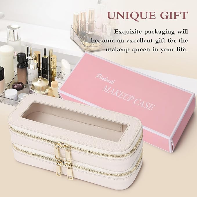 Pinkmik Double Layer Makeup Bag Makeup Brush Case Waterproof Travel Cosmetic & Toiletry Bag Purse Organizer and Car Essentials for Women (Beige, Double SLIM)