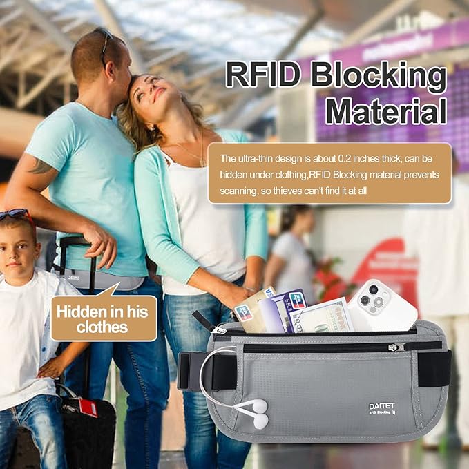 RFID Blocking Money Belt for Men Women, Slim Fanny Pack For Travel,Running,Conceal Waist Wallet For Passport Holder,Phone,Cash(Black Light Grey)