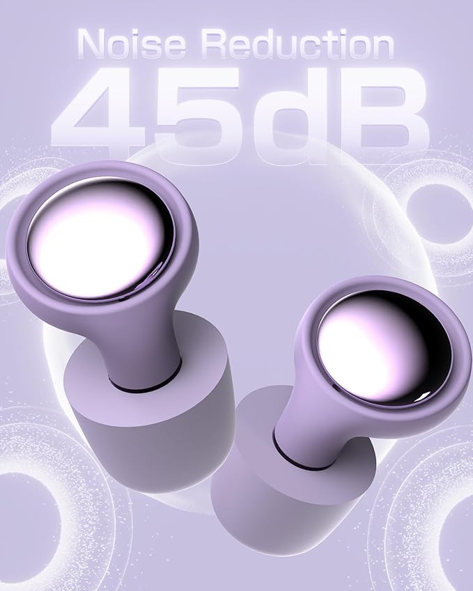 Ear Plugs for Sleeping and Concerts with Cord, Anti-Loss Reusable Earplugs, Ultra-Comfy Earplugs, 45dB Noise Reducing, Hearing Protection for Travel & Focus, 7 Pair Silicone & Foam Eartips, Viloet