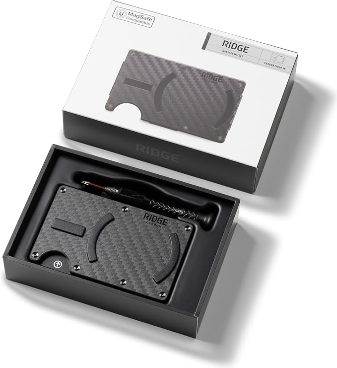 Ridge Wallets for Men Compatible with Magsafe - Slim Minimalist Compact Wallet and Card Holder, RFID Protected Front Pocket Wallets for Men with Integrated Cash Strap (Carbon Fiber 3K)