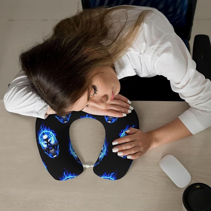 Neck Pillow Memory Foam Chin Cushion with Breathable Cover Blue Fire Skull, Cute Airplane Car Pillows for Office Head Pain Relief