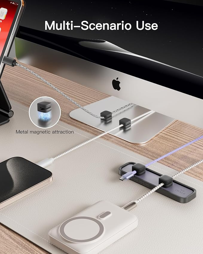 iWALK Magnetic Cable Holder,Reusable Adhesive Desktop Cord Organizer for 2-6mm Cables,4 Clips for Lightning & USB C/Micro Cables,Sticks to Wood,Glass,Metal, Marble,2-Pack,Black