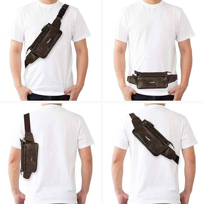 Leather Fanny Pack for Men Women,Genuine Leather Waist Belt Bag with Adjustable Strap Belt Hip Bag with Multi-Pockets for Travel Sports Running Cycling Hiking (brown)