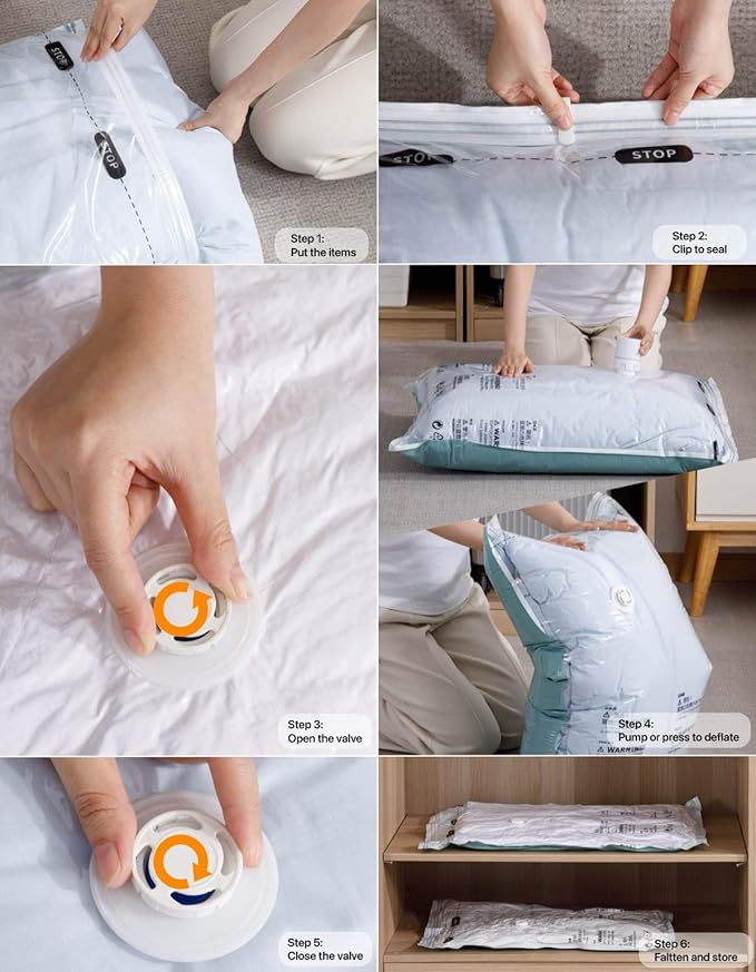NeatNest 6 Pack Vacuum Storage Bags – 3 Small & 3 Medium, Flat Space Saver Bags for Clothes, Towels, Sweaters, Dual Compression (Vacuum or Hand Press), Airtight & Reusable