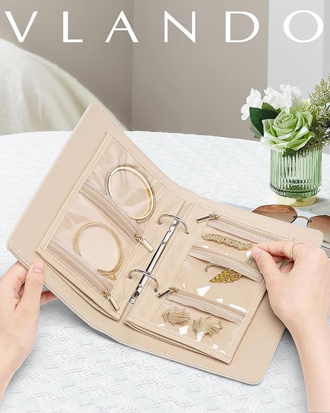 Vlando Teacher Gifts for Women,Travel Jewelry Organizer Case,Jewelry Storage Book Ring Binder with Clear Zipper Velvet Jewelry Pouches Bags for Rings,Necklace,Earrings-Cream White