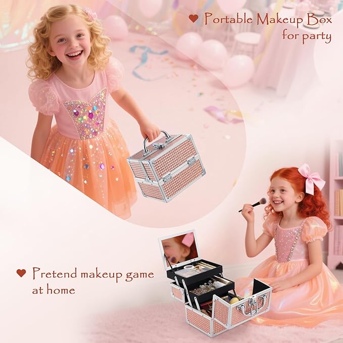 Costravio Makeup Box with Mirror, Makeup Organizer Case Train Case for Girls Women Kids Make up Box Makeup Case Organizer with Lock and Key Storage Vanity for Polishes Cosmetic Jewelry, Shiny Pink