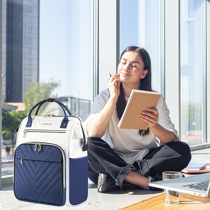 VANKEAN 17 Inch Laptop Backpack for Women Men Fashion Computer Work Bag, Large Capacity Waterproof Backpack with USB Port & RFID Pockets, College Daypack Business Travel, Beige-Haze blue