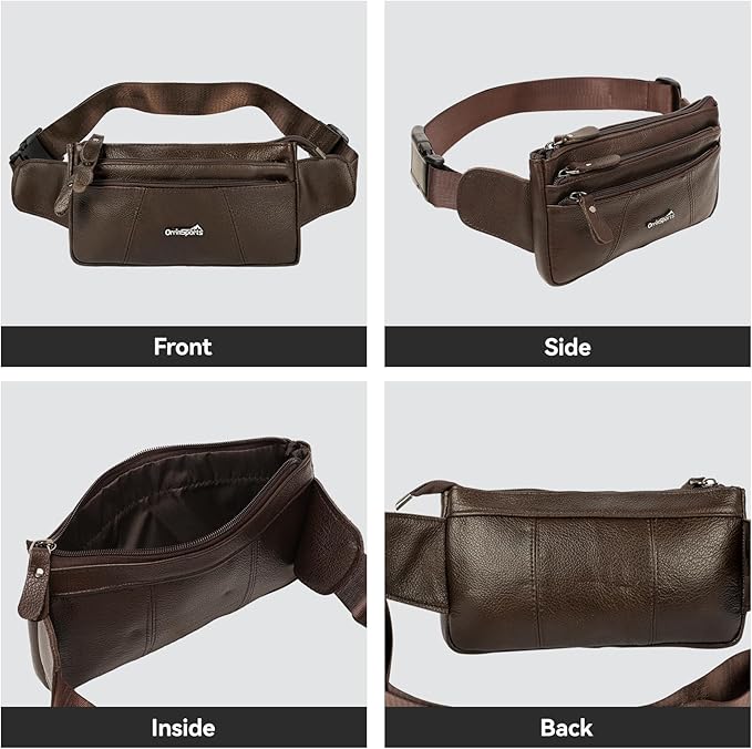 Genuine Leather Fanny Pack For Men and Women Multiple Pockets Waist Bag with Adjustable Strap for Outdoors Workout Traveling Casual Running Hiking Cycling Brown Belt Bag