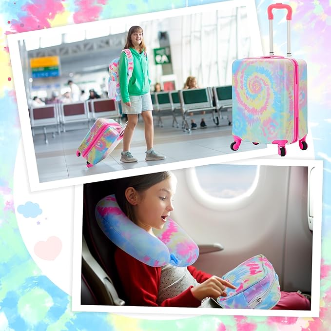 Redbaker 6 Pcs Kids Luggage Set 17 Inch Kids Rolling Luggage Double Pattern Suitcase for Girls Boys School Gift(Pink,Tie-dye Style)