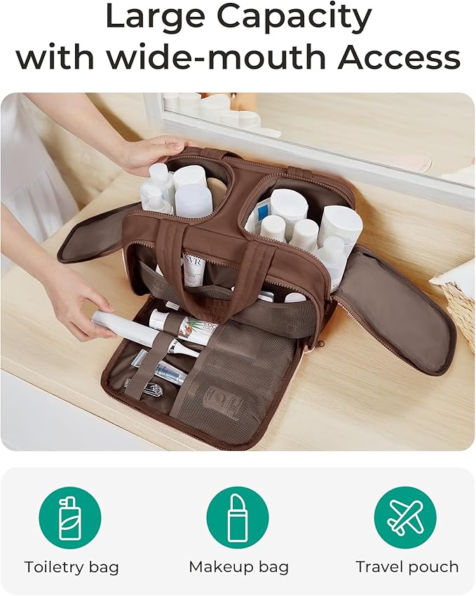 BAGSMART Travel Toiletry Bag, Puffy Toiletry Bag for Women, Wide-open toiletry bags for traveling, Large Travel Cosmetic Makeup Bag Organizer for Accessories,Toiletrie (Coffee Brown)