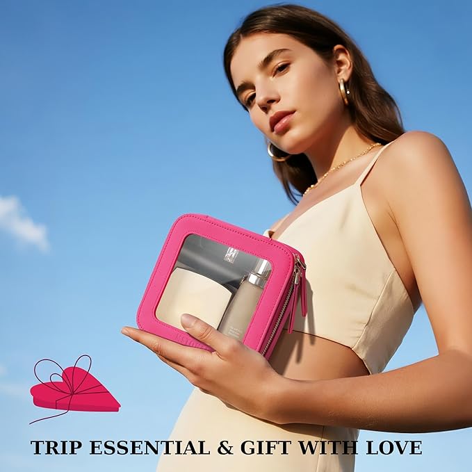Clear Makeup Bag, Travel Toiletry Bag Cosmetic Case for Women, Waterproof Portable Small Make Up Skincare Pouch with Zipper, Compact Car Organizer Bag for Essentials, Mini Size, Hot Pink