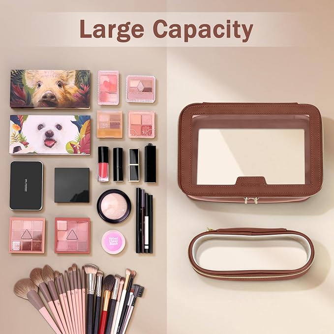Travel Clear Makeup Bag with Makeup Brush Bag, Leather Makeup Case Toiletry Bag, Portable Cosmetic Bag Case, Transparent Waterproof Cosmetic Organizer Storage Bag for Women, Brown