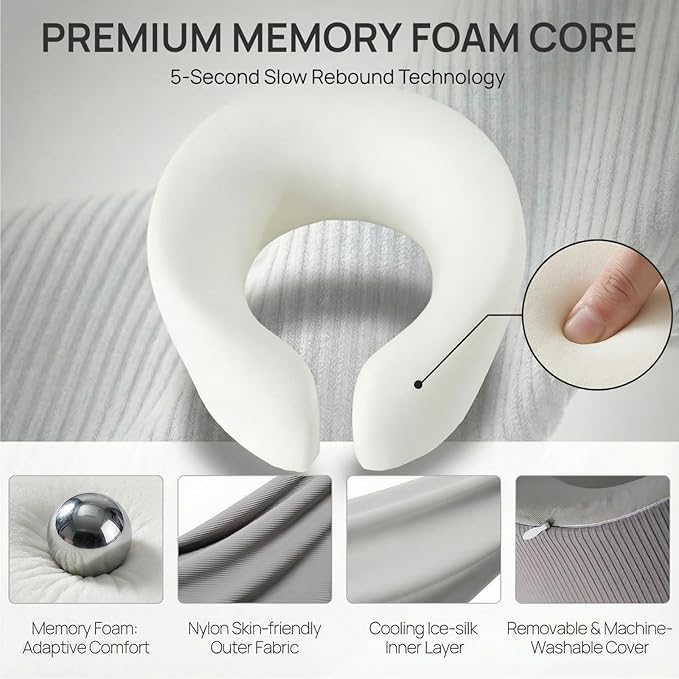 Memory Foam Travel Neck Pillow for Airplane, 360° Head Support Travel Essentials for Long Flights, Breathable Cooling Cover and Compact Storage Case, Portable Gift for Men and Women