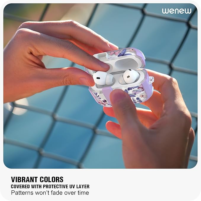 WENEW for AirPods Pro 3 Case (2025) Cover Secure Lock Automatic Snap Switch Clip Cleaner Kit Lanyard Women Stylish Flower Hard Shell Full Body Front LED Visible (Purple Butterfly, AirPods Pro 3)