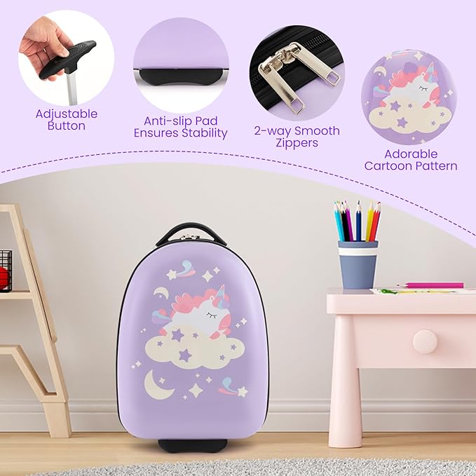HONEY JOY Kids Luggage, 16” Children Rolling Suitcase w/Wheels & Telescopic Handle, Hard Shell Lightweight Travel Luggage for Toddlers, Carry On Luggage with Wheels for Boys Girls(Purple Unicorn)