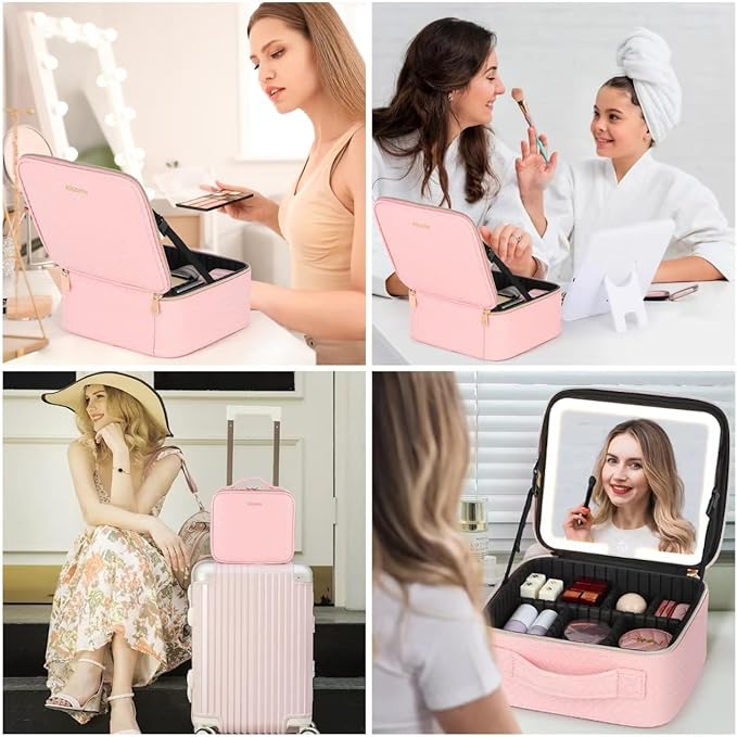 Travel Makeup Bag with Led Mirror Make up Case with Lighted Mirror Cosmetic Organizer bag with Adjustable Dividers and 5X Magnifying Mirror Makeup Box Vanity Case for Women