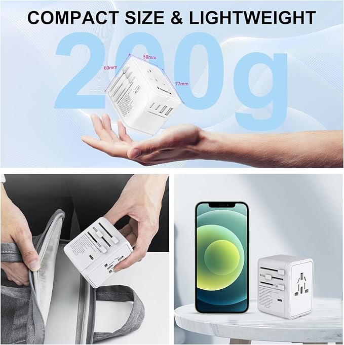 Universal International Plug Travel Adapter, 6 in 1 Wall Charger with 3 Type-C 5.8A 29W PD Fast Charging & 2 USB-A 5.8A & Multi AC Outlet Adaptor for USA EU UK AUS 200+ Countries