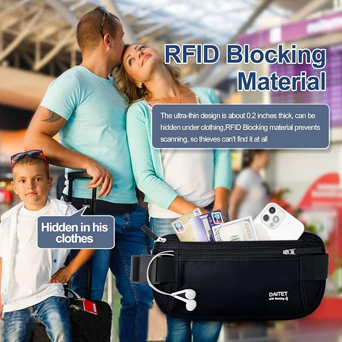 RFID Blocking Money Belt for Men Women, Slim Fanny Pack For Travel,Running,Conceal Waist Wallet For Passport Holder,Phone,Cash(Dark Black)