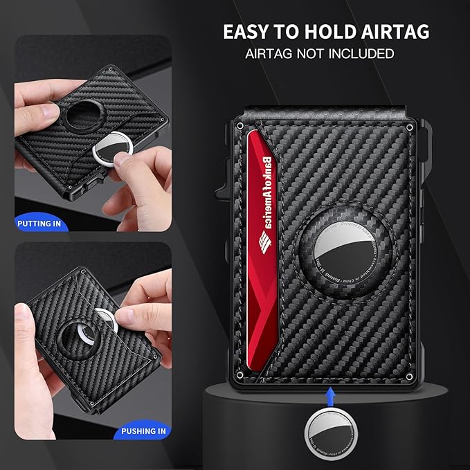 Airtag Wallet for Men, Mens Smart Wallet for Air Tag RFID Blocking, Minimalist Bifold Pop Up Aluminum Credit Card Case Holder 12+ Cards with ID Window, Gift for Men, No Airtag Included, Carbon Fiber