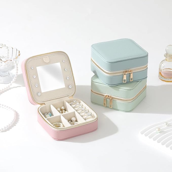 Genuine Leather Travel Jewelry Organizer Case with Mirror for Women, Small Mini Portable Jewelry Box for Ring Earrings Necklace Bracelet Luxury Gift for Women(Black)