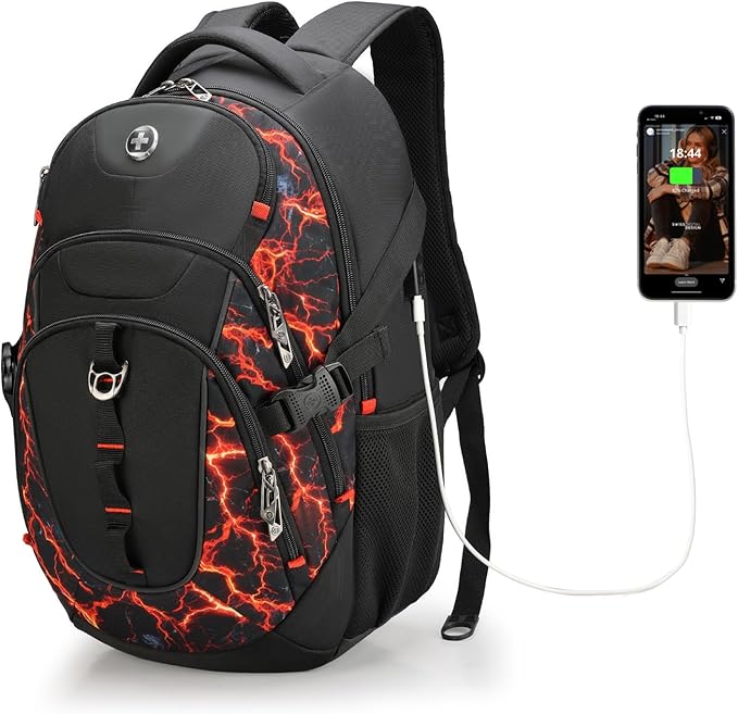 Swissdigital Laptop Backpack with USB Charging Port, Travel Backpack Fits 15.6 inches Computer, 31L Backpack for Men, Flame Red | SD803-97