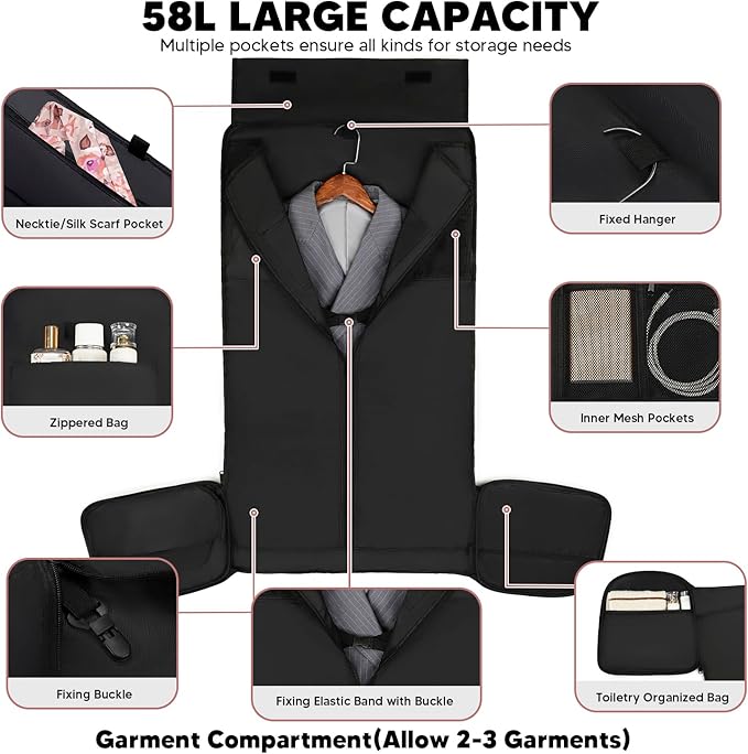 Convertible Garment Bags for Travel, 58L Capacity Garment Duffle Bag Carry on Garment Bag Weekender Travel Backpack, 4 in 1 Suit Bag with Shoes Compartment for Men Women,Pink