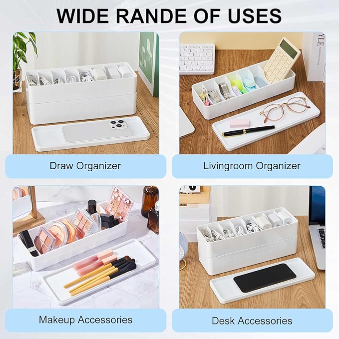 Tatuo 4 Pcs Cable Organizer Box with Wire Ties, Plastic Cord Storage Box with Lid, Electronics Organizer for Home Office Desk Organizers and Accessories (White)
