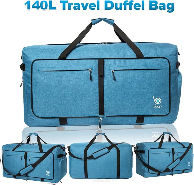 Bago Big XXL Foldable Duffel Bags for Traveling Women & Men - 140L Packable Duffle Bag for Travel with Shoe Compartment - Water Repellant, Heavy Duty, Lightweight Folding & Collapsible (SnowBlue)