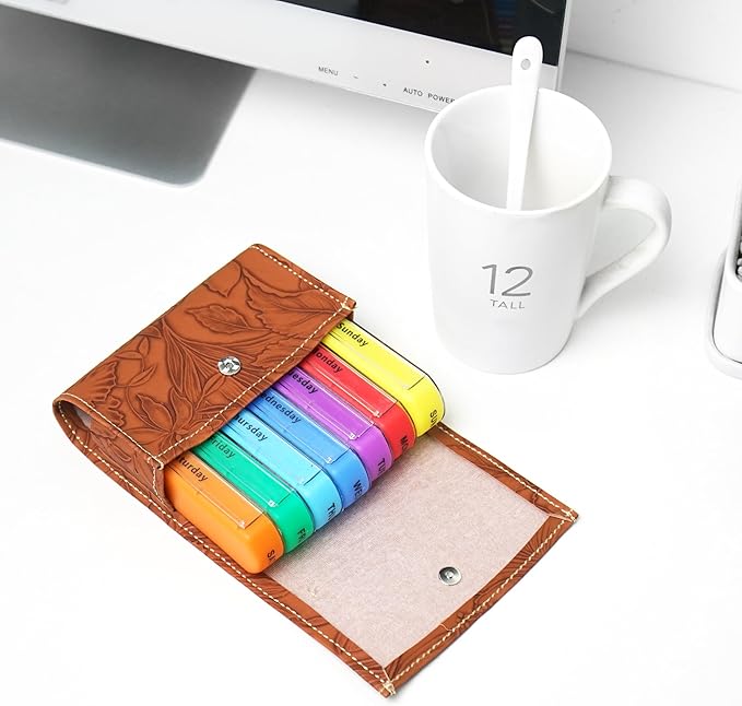 Pill Organizer,LIZIMANDU Weekly Travel Pill Case Box Medication Reminder Daily AM PM, Day Night 7 Compartments,for 4 Times A Day, 7 Days a Week-Includes Leather PU Carrying Case(1-Carved Brown)